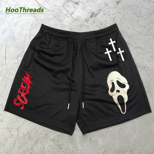 Mens Athletic Gym Workout Shorts Gothic Ghost Print 5 Inch Quick Dry Breathable Shorts with Pockets Training Running Activewear